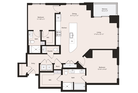 Deco B3-1 floor plan 2 bedrooms 2.5 bathrooms 1440 square feet